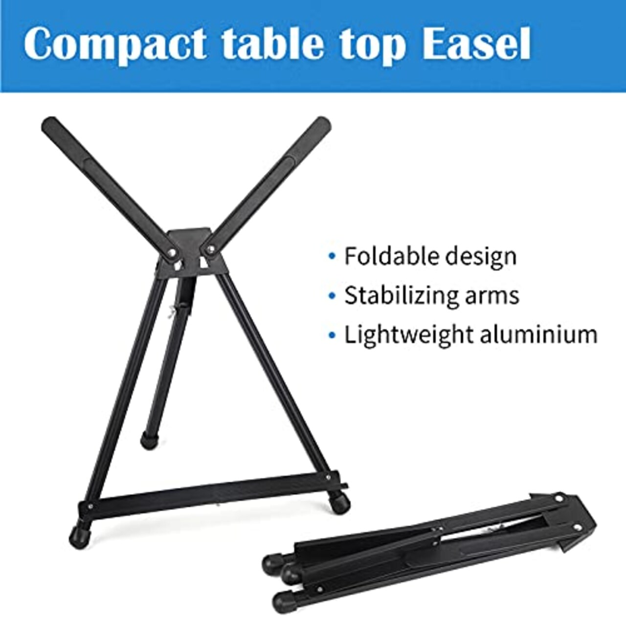 Aluminum 15" to 21" Tabletop Easel Display, Black Tripod with Rubber Feet, Holds Canvas, Paintings, Books, Photos, Signs